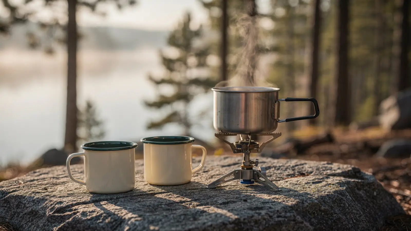 A camp stove heating a steel pot beside two enamel mugs on a flat rock in morning light